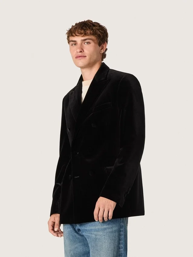 Herren-Blazer aus schwarzem Samt mit schwarzen Satinrevers