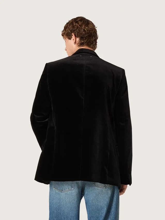Herren-Blazer aus schwarzem Samt mit schwarzen Satinrevers