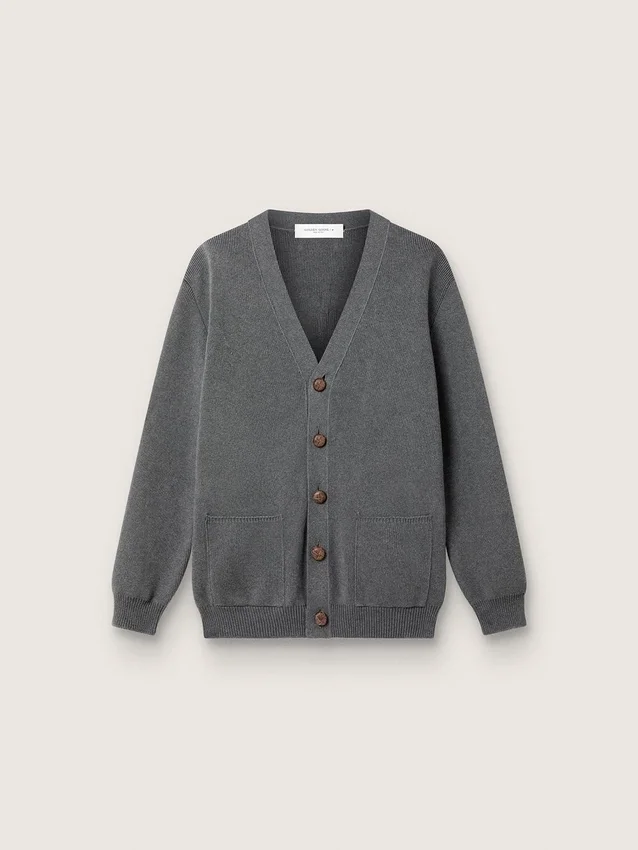 Herren-Cardigan aus melierter grauer Baumwolle mit Logo auf der Rückseite