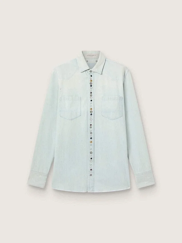 Herren-Denim-Hemd aus gebleichtem Denim mit gehämmerten Nieten