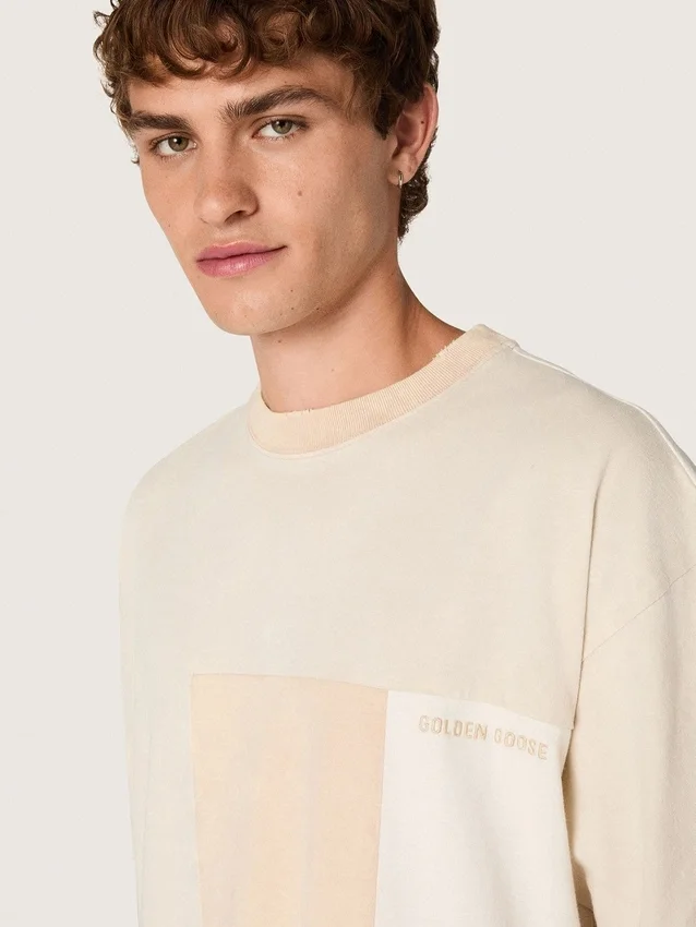 Herren-Hemd aus Baumwolljersey mit weiss-beigem Patchwork-Effekt