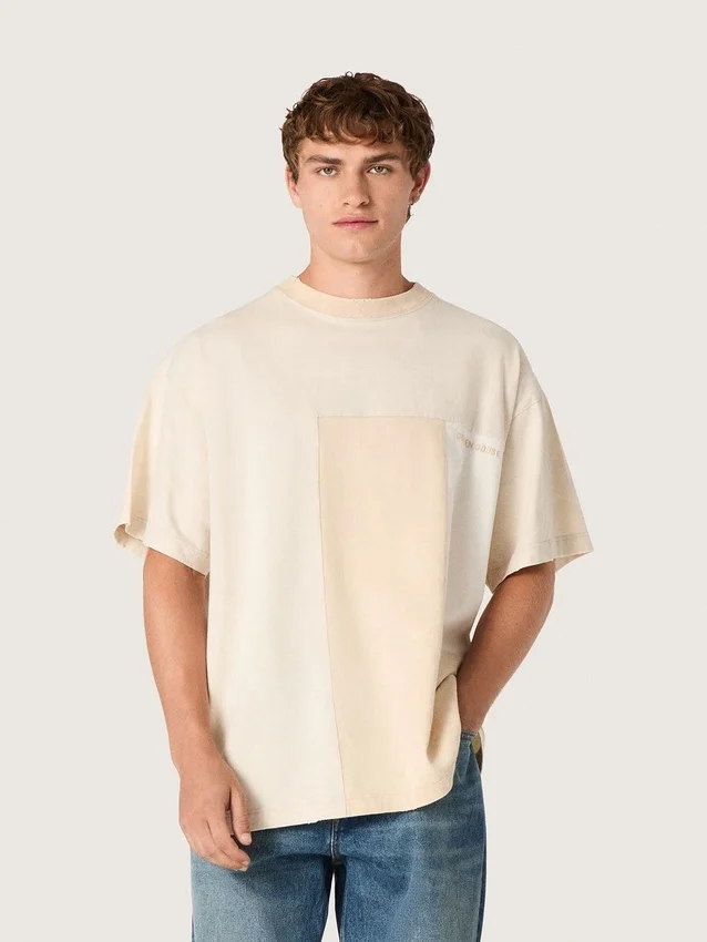 Herren-Hemd aus Baumwolljersey mit weiss-beigem Patchwork-Effekt