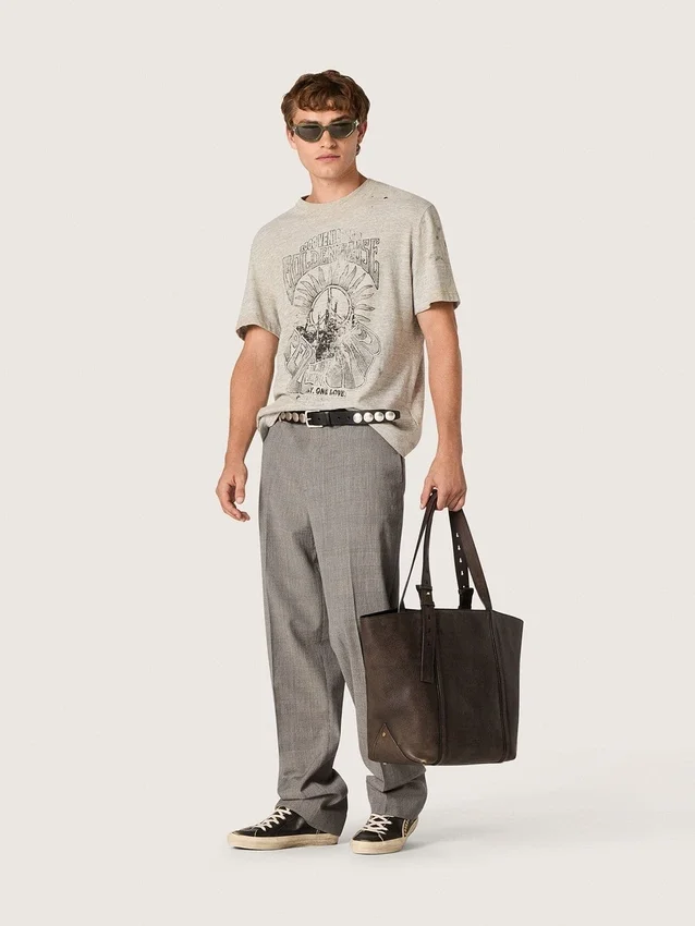Herren-Hemd aus grauem Melange-Jersey mit Vintage-Print