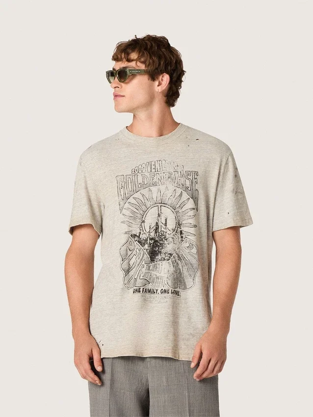 Herren-Hemd aus grauem Melange-Jersey mit Vintage-Print
