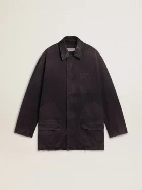 Herren-Jeansjacke mit Used-Look-Details und Lederkragen