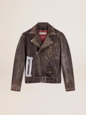 Herren-Leder-Bikerjacke mit gehämmerten Nieten und Klebeband