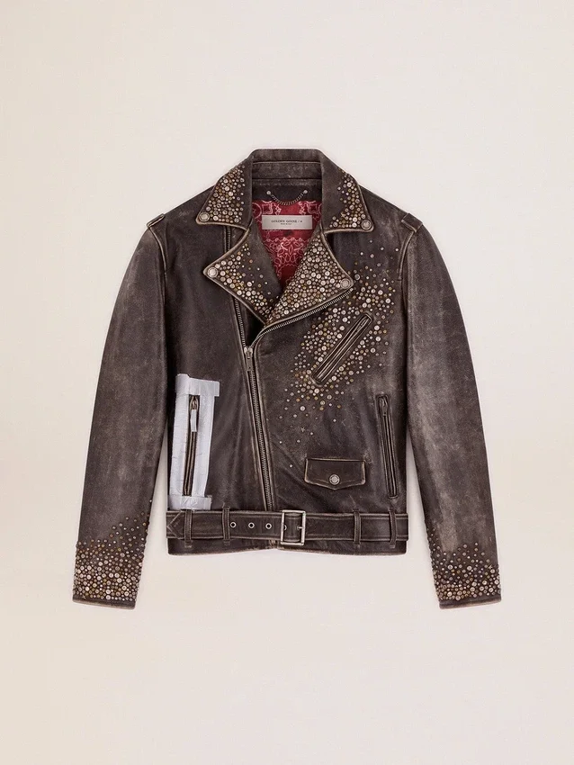 Herren-Leder-Bikerjacke mit gehämmerten Nieten und Klebeband