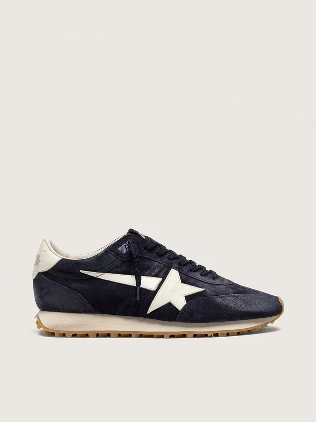 Damen-Marathon aus marineblauem Wildleder mit Lederstern und Fersenlasche