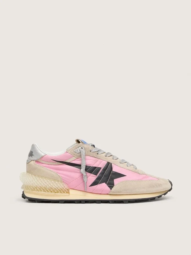 Damen-Marathon aus rosa Nylon und beigem Wildleder mit aufgedrucktem schwarzem Stern