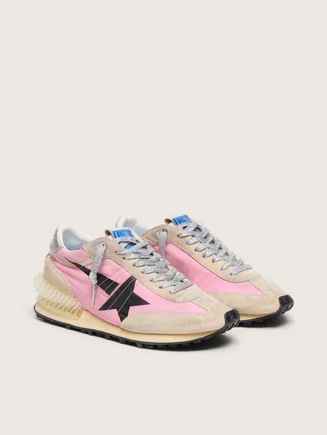 Damen-Marathon aus rosa Nylon und beigem Wildleder mit aufgedrucktem schwarzem Stern