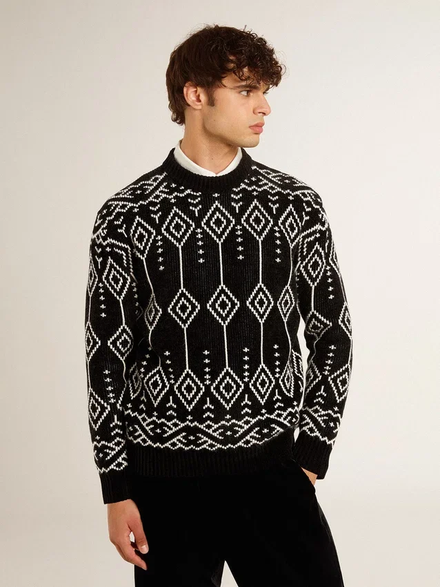 Herren-Pullover aus Wollmischung mit Rundhalsausschnitt und Jacquard-Argyle-Muster