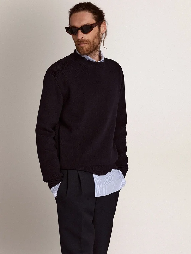 Herren-Pullover mit Rundhalsausschnitt aus dunkelblauer Baumwolle