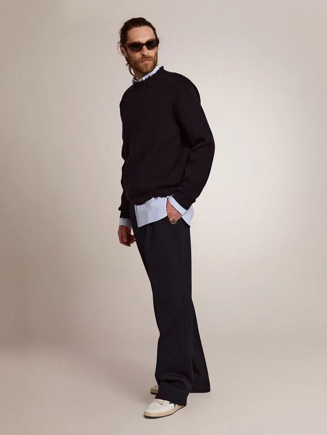 Herren-Pullover mit Rundhalsausschnitt aus dunkelblauer Baumwolle