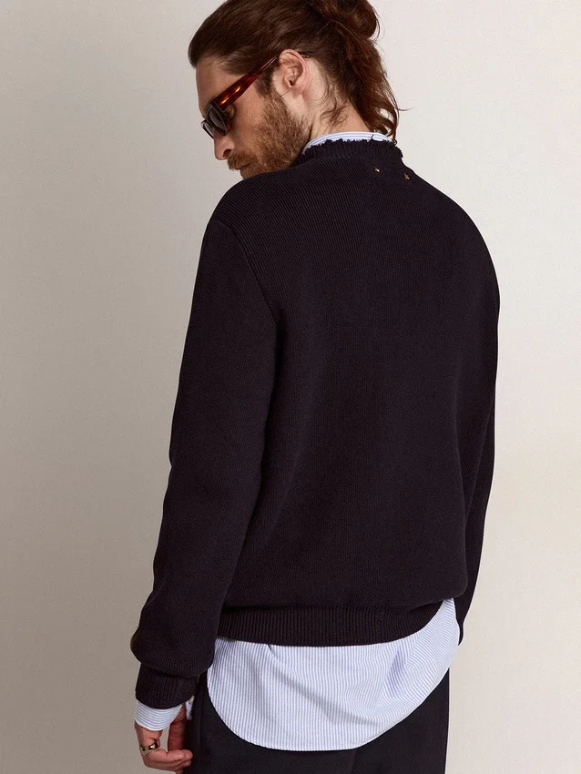 Herren-Pullover mit Rundhalsausschnitt aus dunkelblauer Baumwolle