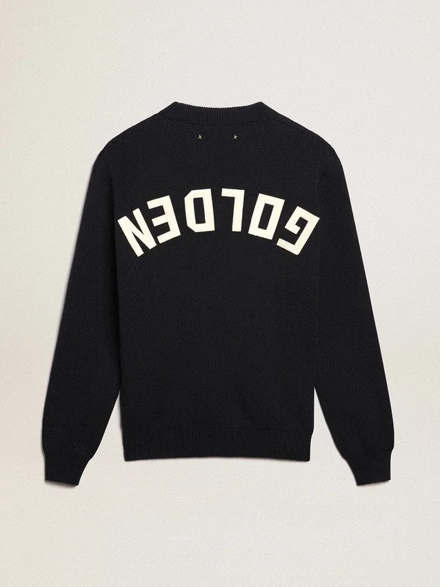 Herren-Pullover mit Rundhalsausschnitt aus dunkelblauer Baumwolle mit Logo