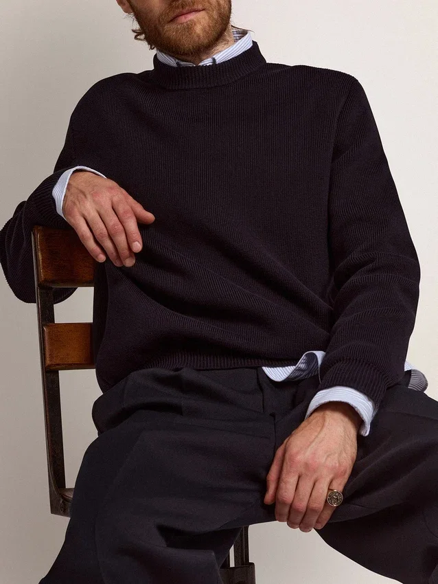 Herren-Pullover mit Rundhalsausschnitt aus dunkelblauer Baumwolle mit Logo