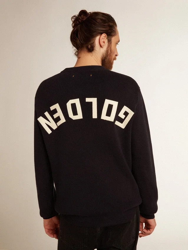 Herren-Pullover mit Rundhalsausschnitt aus dunkelblauer Baumwolle mit Logo