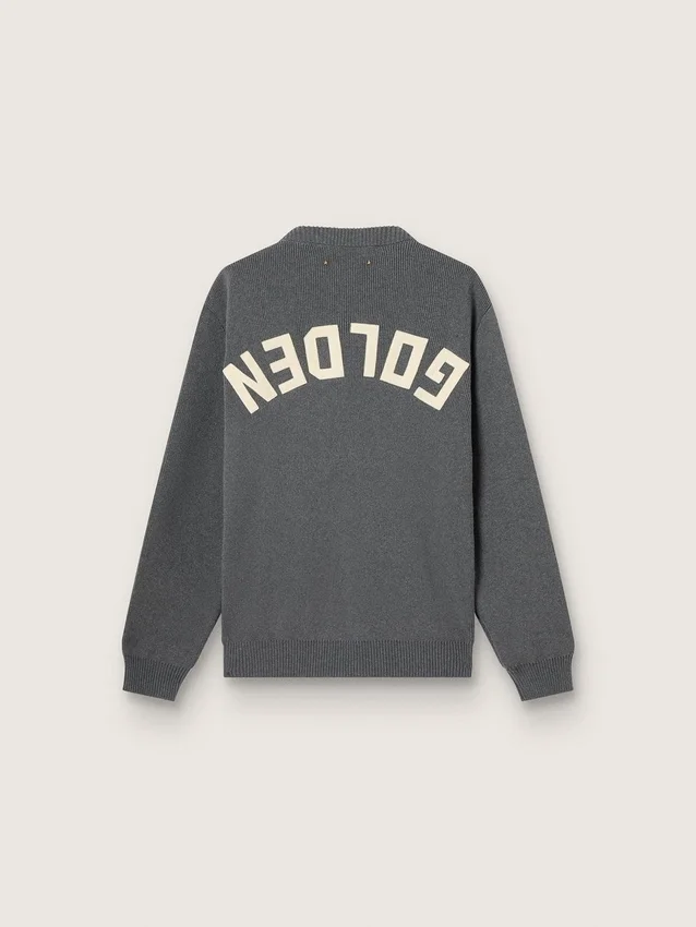 Herren-Pullover mit Rundhalsausschnitt aus dunkelgrauer Baumwolle mit Logo auf der Rückseite