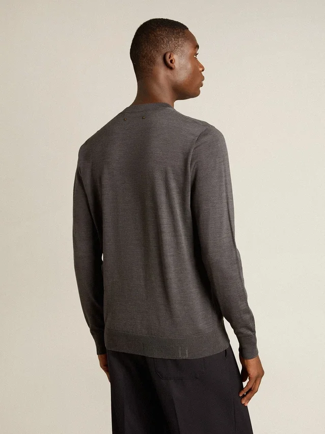 Herren-Pullover mit Rundhalsausschnitt aus dunkelgrauer Melange-Wolle
