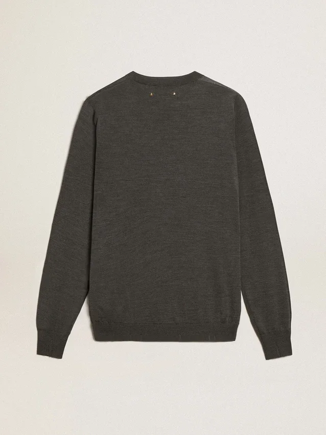 Herren-Pullover mit Rundhalsausschnitt aus dunkelgrauer Melange-Wolle