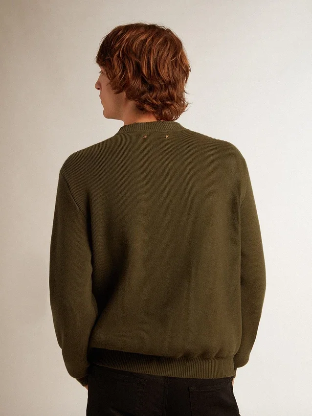 Herren-Pullover mit Rundhalsausschnitt aus militärgrüner Baumwolle
