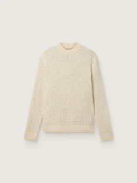 Herren-Pullover mit Rundhalsausschnitt aus weisser Merinowolle mit durchgehenden Kristallen