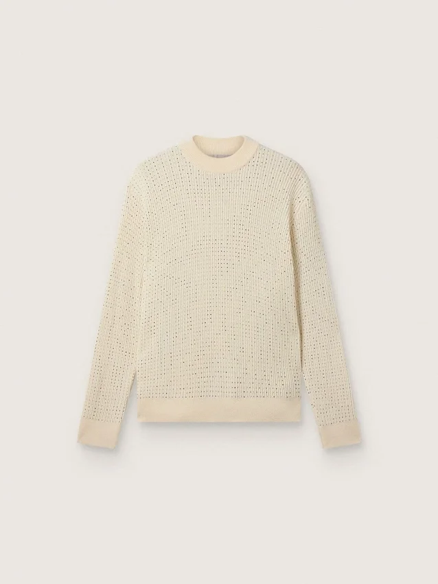 Herren-Pullover mit Rundhalsausschnitt aus weisser Merinowolle mit durchgehenden Kristallen