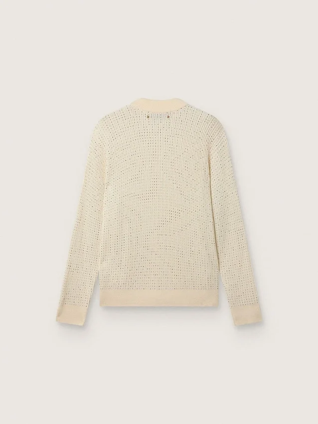 Herren-Pullover mit Rundhalsausschnitt aus weisser Merinowolle mit durchgehenden Kristallen