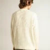 Herren-Pullover mit Rundhalsausschnitt aus weisser Merinowolle mit durchgehenden Kristallen