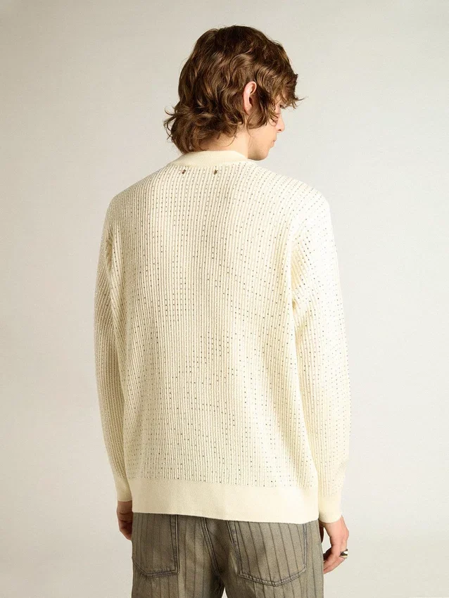 Herren-Pullover mit Rundhalsausschnitt aus weisser Merinowolle mit durchgehenden Kristallen