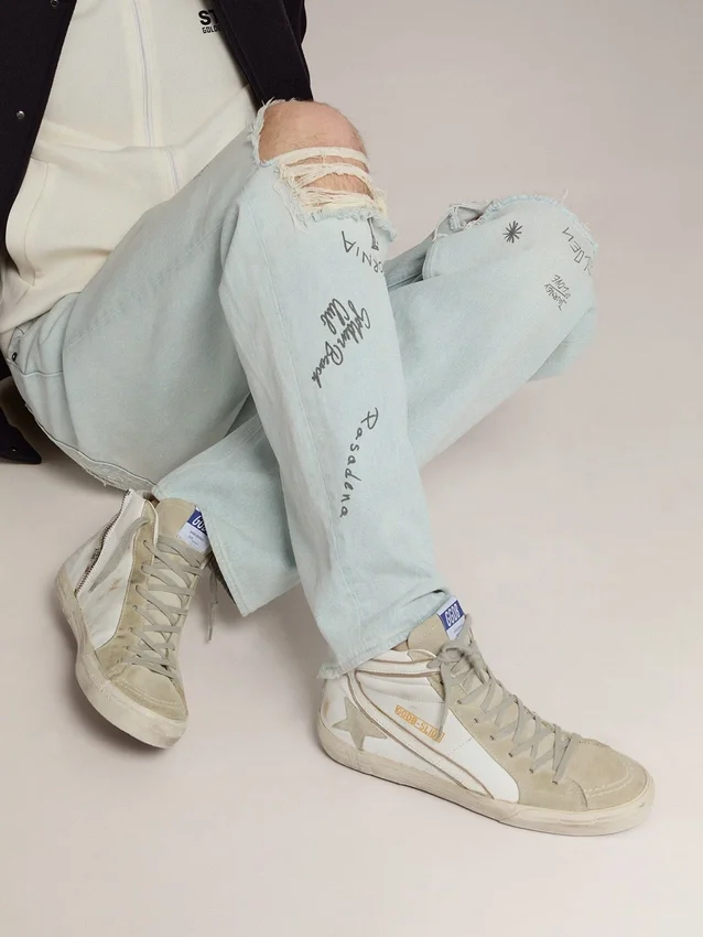 Herren-Slide aus Leder mit Wildlederdetails