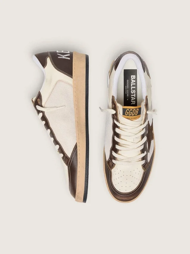 Herren-Sneaker «Ball Star» aus Nappa und Mesh mit Stern aus Wildleder und braunen Ledereinsätzen