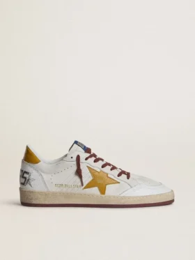 Herren-Sneaker «Ball Star» aus weissem Nappaleder mit gelbem Lederstern im Animal-Print und Fersenlasche