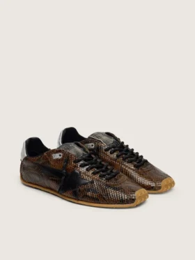 Herren-Sneaker «Marathon Speed» aus Leder mit braunem Schlangenprint, schwarzem Stern und silberner Fersenlasche aus Leder