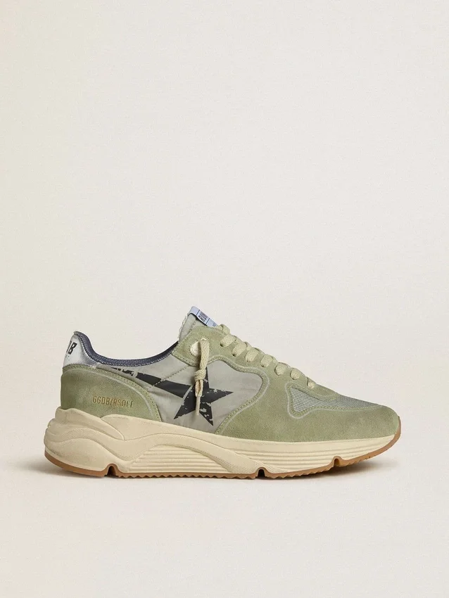 Herren-Sneaker mit Running Sole aus salbeigrünem Nylon und Wildleder mit aufgedrucktem schwarzem Stern