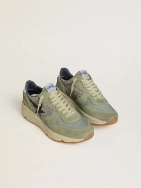 Herren-Sneaker mit Running Sole aus salbeigrünem Nylon und Wildleder mit aufgedrucktem schwarzem Stern