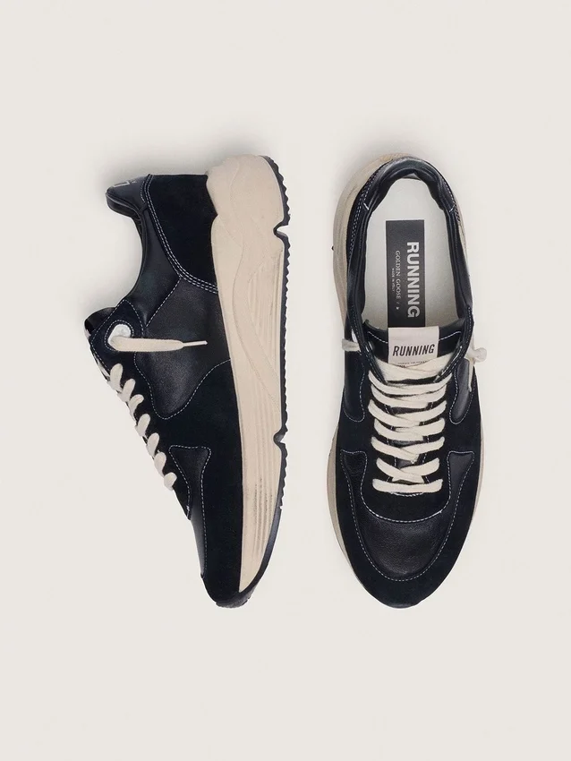 Herren-Sneaker mit Running Sole aus schwarzem Nappaleder und Wildleder mit weissem Stern