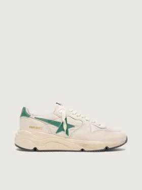 Herren-Sneaker «Running Sole» aus cremefarbenem Nylon und Leder mit grünem Lederstern