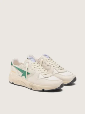 Herren-Sneaker «Running Sole» aus cremefarbenem Nylon und Leder mit grünem Lederstern