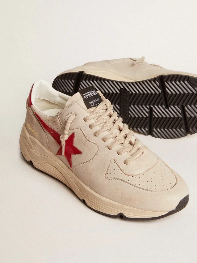 Herren-Sneaker «Running Sole» aus grauem Nappaleder «Morn» mit rotem Nappaleder-Stern und Fersenlasche