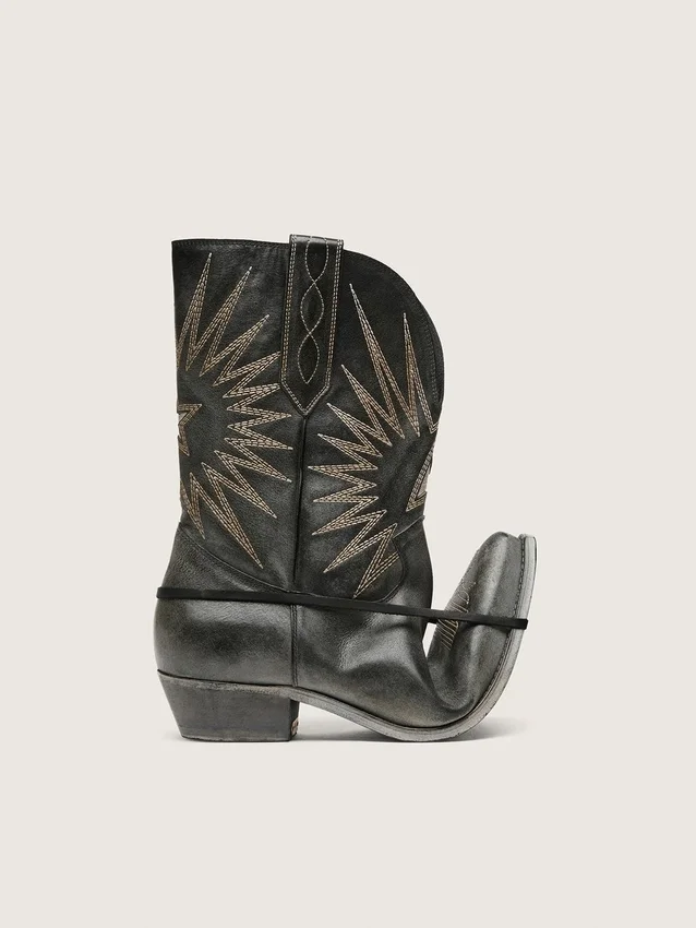 Herren-Stiefel «Wish Star» in schwarzem Leder mit silbernem Stern