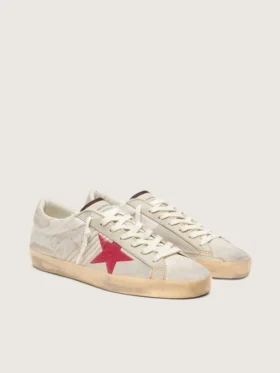 Herren-Super-Star LTD aus weissem Ponyleder mit rotem Stern aus Wildleder