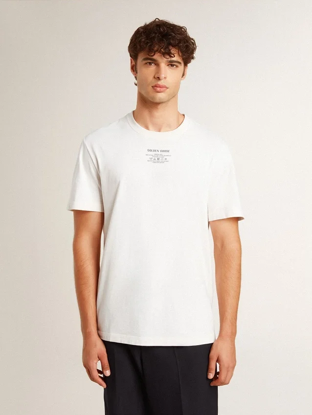 Herren-T-Shirt aus Baumwolle in Worn-White-Optik mit schwarzer Beschriftung