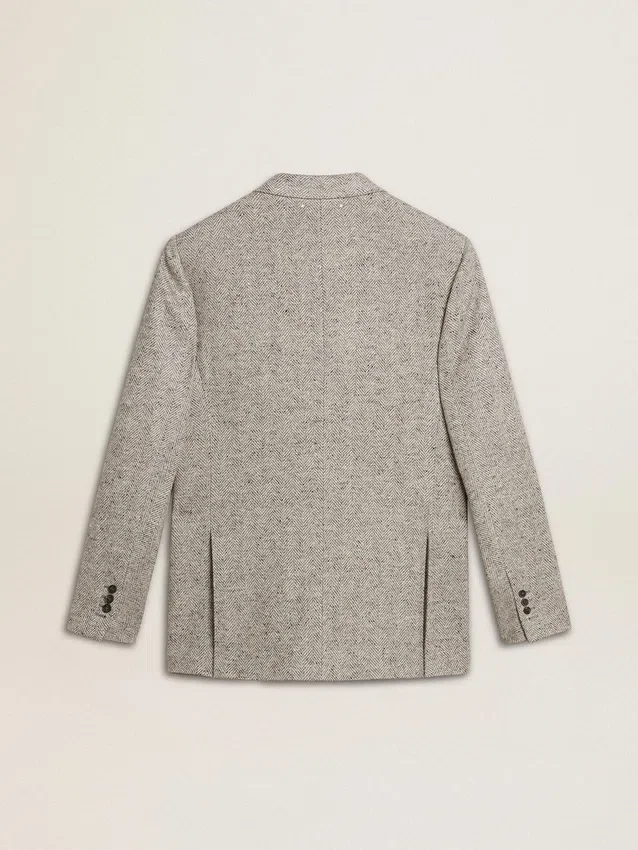 Herren-Zweireiher aus grauer Seide und Wolle mit Chevron-Muster