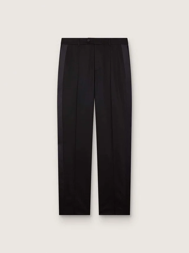 Herrenhose aus schwarzer, cooler Wolle mit Satin-Seitenstreifen