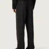 Herrenhose aus schwarzer, cooler Wolle mit Satin-Seitenstreifen