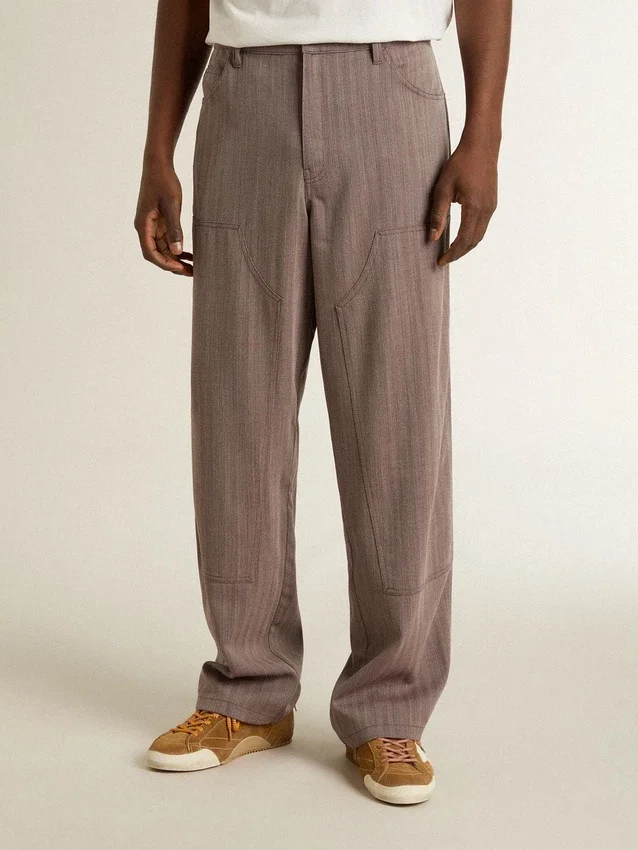 Herrenhose aus Wollmischung in hellbraunem Mikro-Chevron-Muster