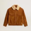 Herrenjacke aus tabakfarbenem Spaltleder mit Lammfellkragen