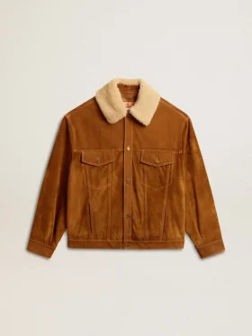 Herrenjacke aus tabakfarbenem Spaltleder mit Lammfellkragen