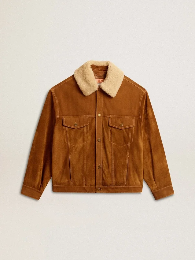 Herrenjacke aus tabakfarbenem Spaltleder mit Lammfellkragen